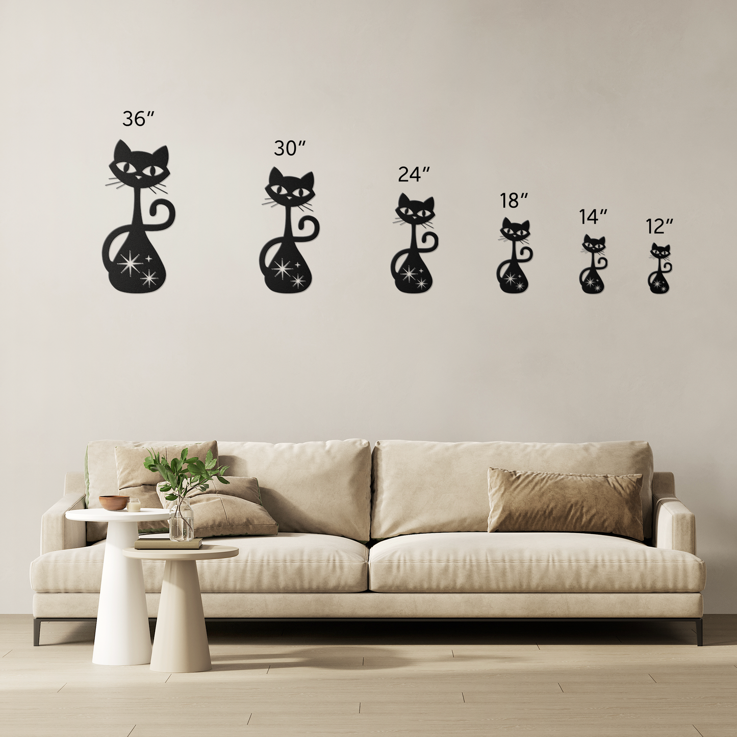 Black Atomic Cat metal wall art size options: 36, 30, 24, 18, 14, & 12 inches.