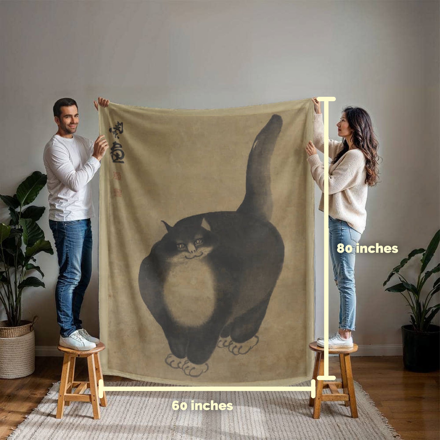 The Black Cat - Cozy Cat Art Blanket – Japanese-Inspired Feline Design on Fleece