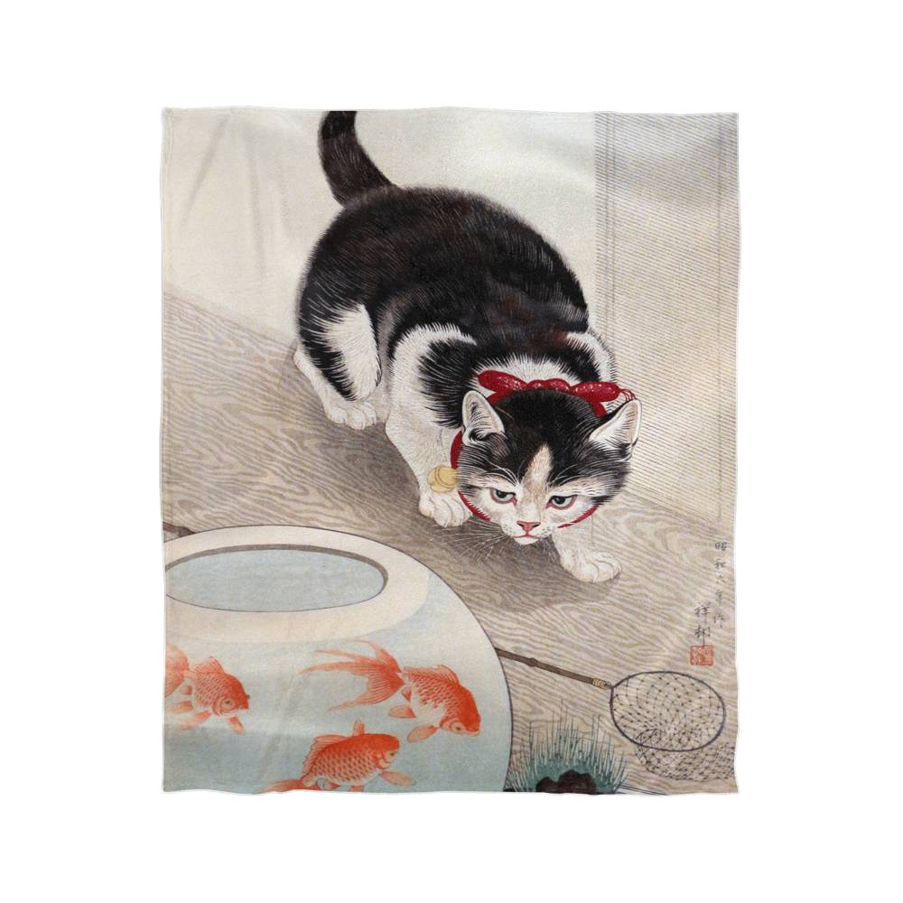 Cat & Goldfish - Cozy Cat Art Blanket – Japanese Feline Design on Fleece