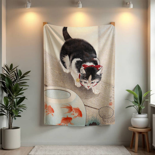 Cat & Goldfish - Cozy Cat Art Blanket – Japanese Feline Design on Fleece