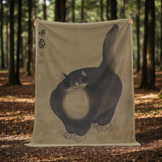 The Black Cat - Cozy Cat Art Blanket – Japanese-Inspired Feline Design on Fleece