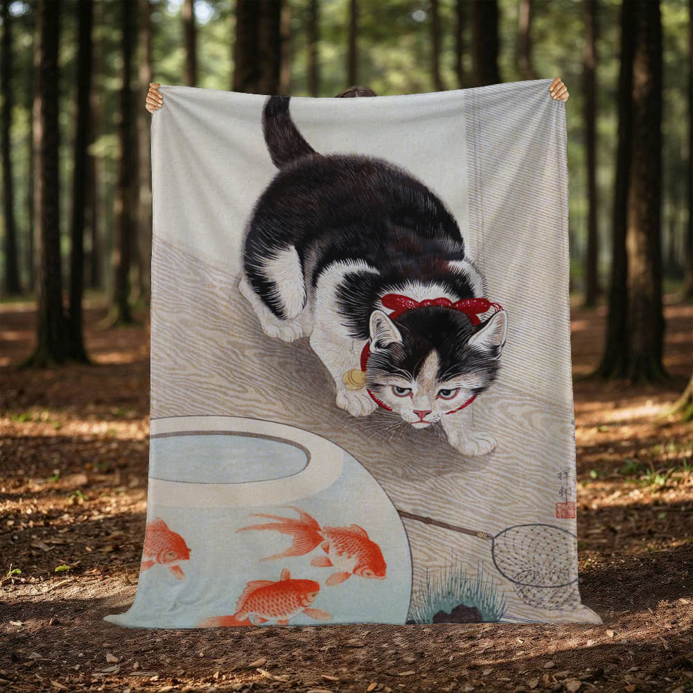 Cat & Goldfish - Cozy Cat Art Blanket – Japanese Feline Design on Fleece