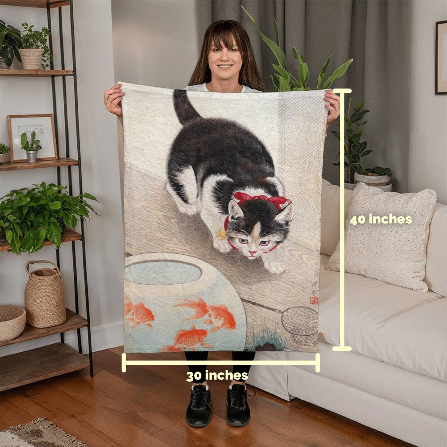 Cat & Goldfish - Cozy Cat Art Blanket – Japanese Feline Design on Fleece