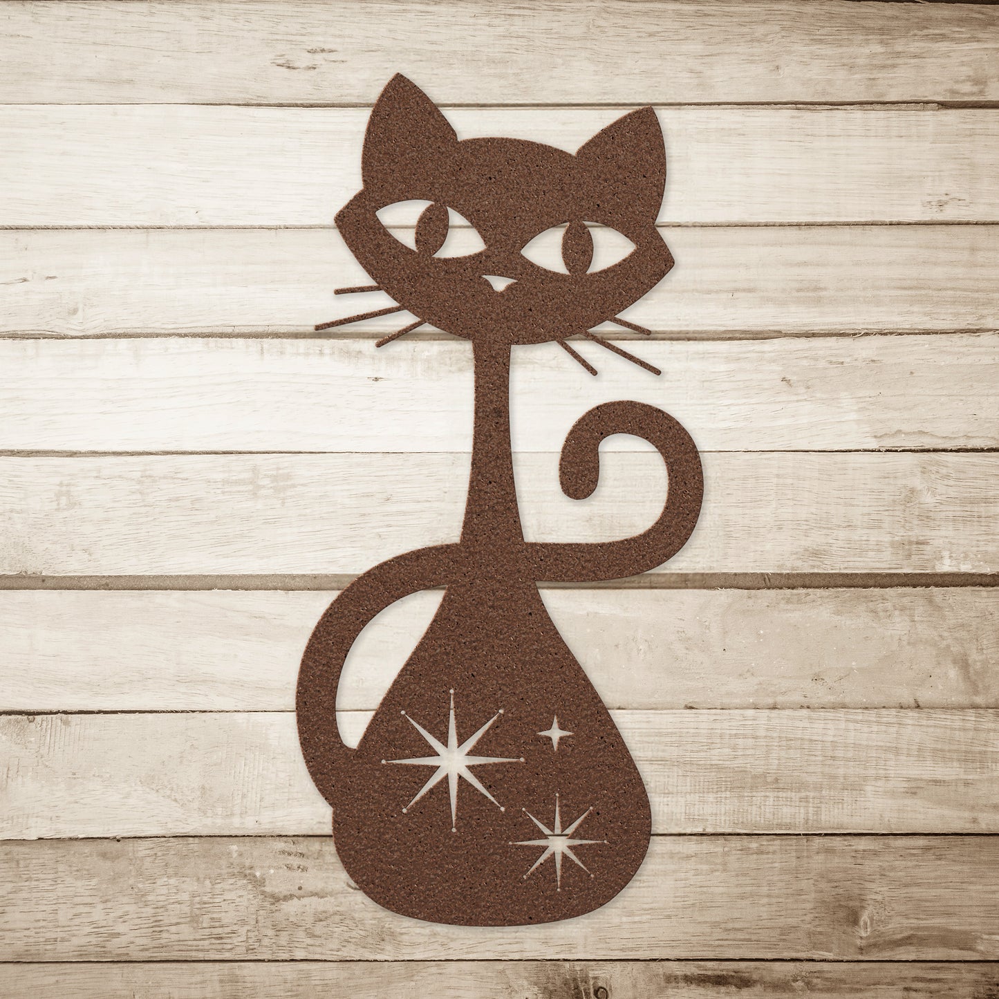 A copper atomic cat metal wall art on a simple wood plank background.