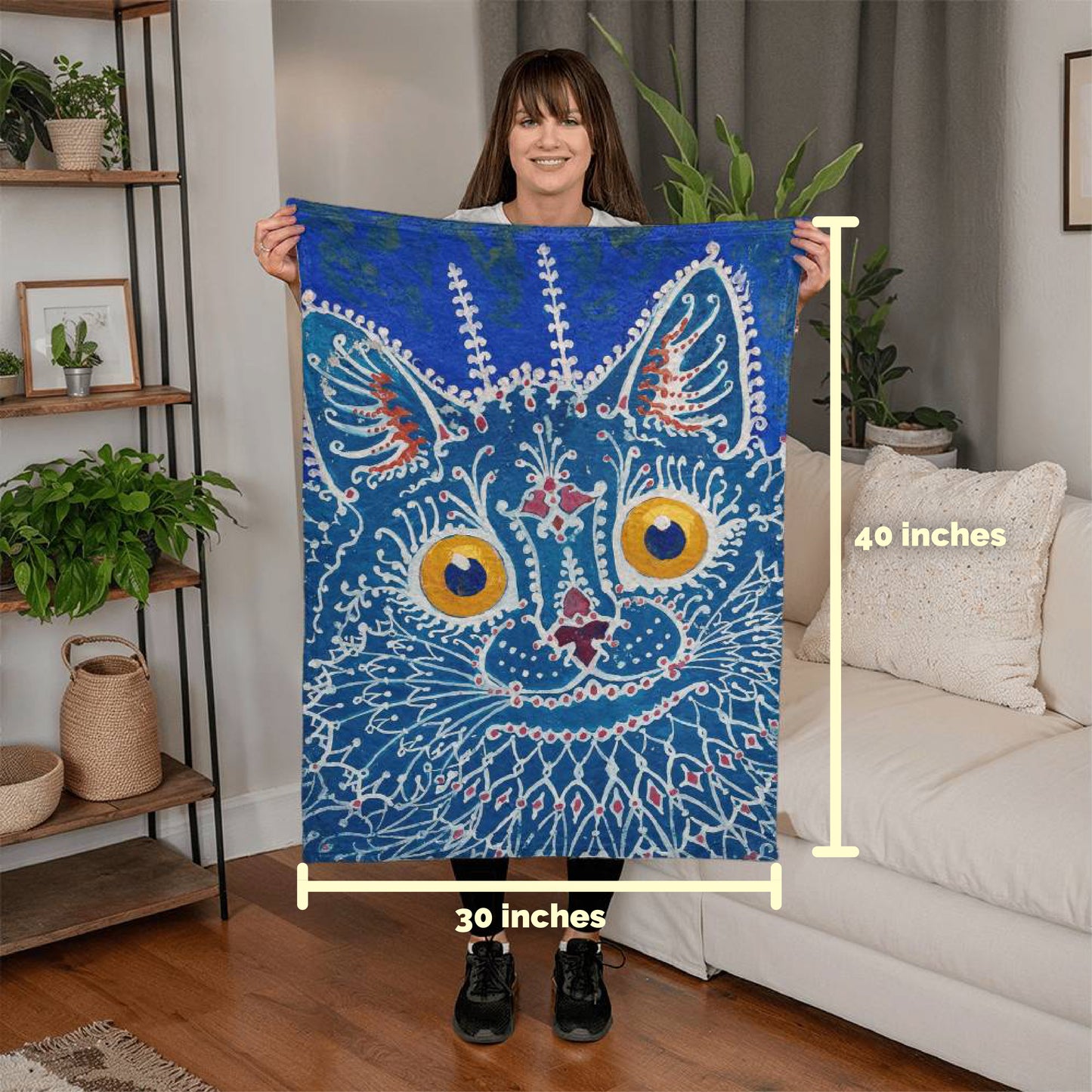 Blue Gothic Cat – Cozy Cat Art Blanket – Art Nouveau Feline Design on Fleece