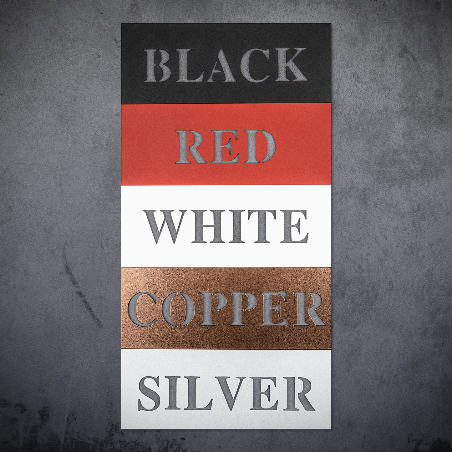 Metal sign color swatch comparison. Black, red, white, copper, silver.