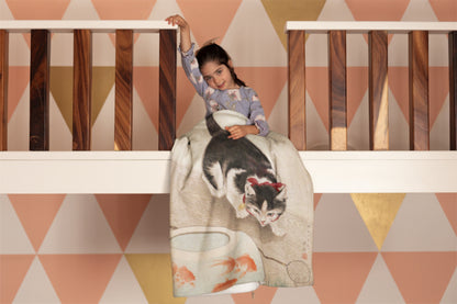 Cat & Goldfish - Cozy Cat Art Blanket – Japanese Feline Design on Fleece