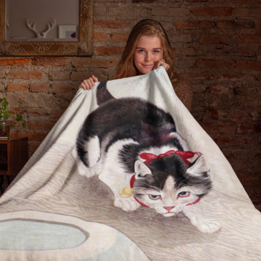 Cat & Goldfish - Cozy Cat Art Blanket – Japanese Feline Design on Fleece
