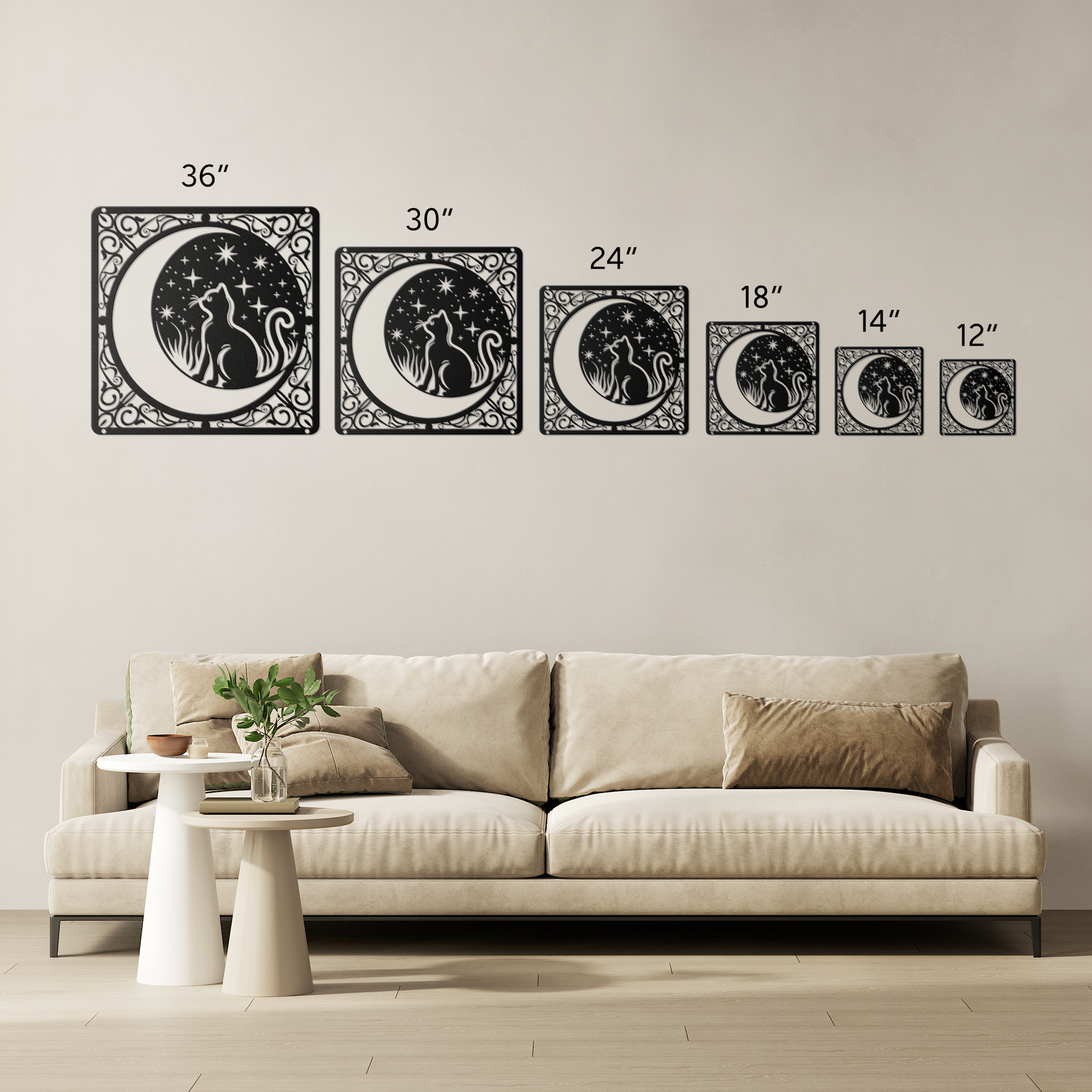 A black home decor metal sign of a cat inside a crescent moon next to a field of stars. All of this is bordered by floral vines. A range of 6 sizes from 12 to 36 inches are displayed.