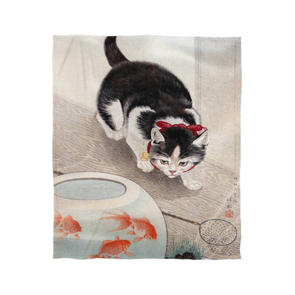 Cat & Goldfish - Cozy Cat Art Blanket – Japanese Feline Design on Fleece