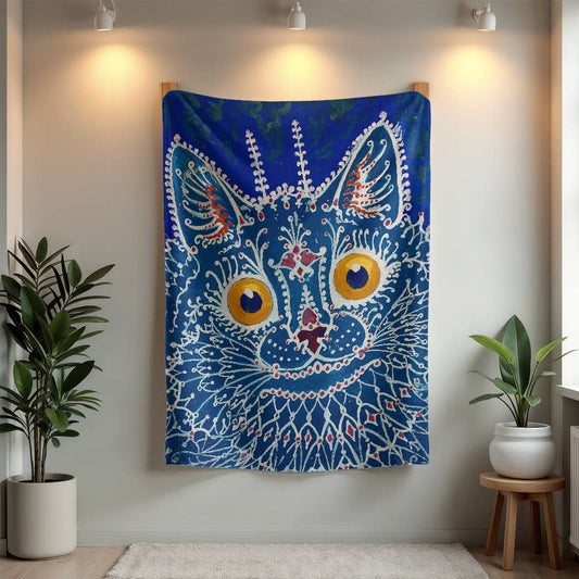 Blue Gothic Cat – Cozy Cat Art Blanket – Art Nouveau Feline Design on Fleece