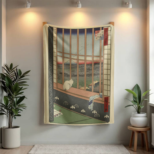 Revelers Return - Cozy Cat Art Blanket – Japanese Feline Design on Fleece