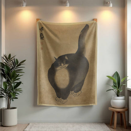 The Black Cat - Cozy Cat Art Blanket – Japanese-Inspired Feline Design on Fleece