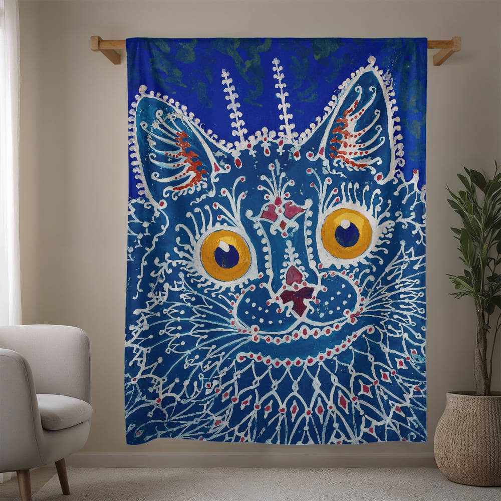 Blue Gothic Cat – Cozy Cat Art Blanket – Art Nouveau Feline Design on Fleece