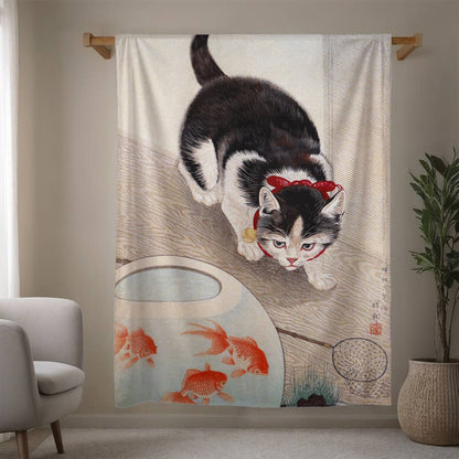 Cat & Goldfish - Cozy Cat Art Blanket – Japanese Feline Design on Fleece