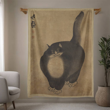 The Black Cat - Cozy Cat Art Blanket – Japanese-Inspired Feline Design on Fleece