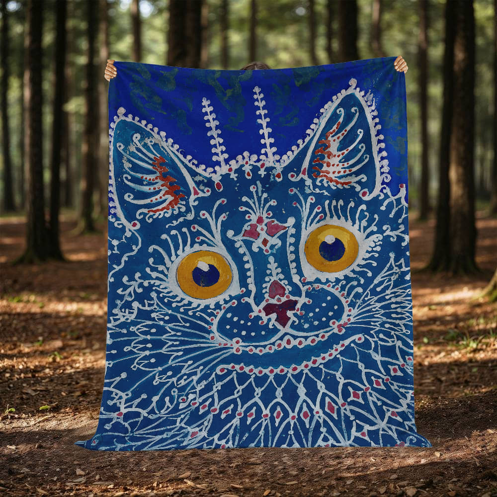Blue Gothic Cat – Cozy Cat Art Blanket – Art Nouveau Feline Design on Fleece