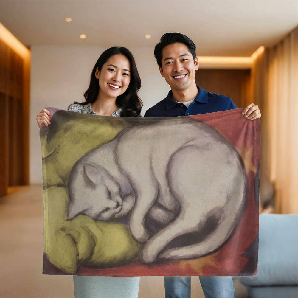 Dreamy White Cat – Cozy Cat Art Blanket – German Feline Design on Fleece