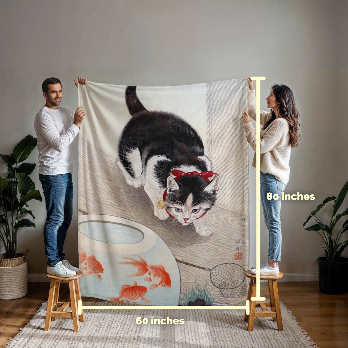 Cat & Goldfish - Cozy Cat Art Blanket – Japanese Feline Design on Fleece