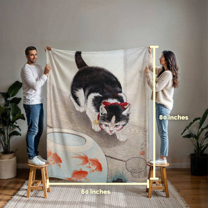Cat & Goldfish - Cozy Cat Art Blanket – Japanese Feline Design on Fleece